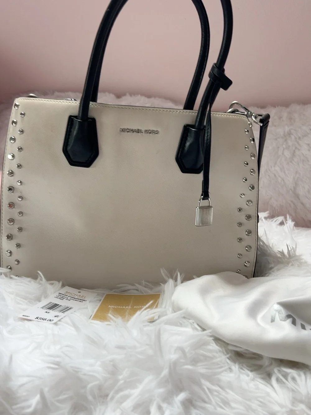 Discontinued Michael Kors Mercer Stud & Grommet Large Leather Tote Optic White/B